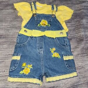 Cradle Togs 12M Baby Girl Denim Overalls Set with Yellow Shirt & Flower Details
